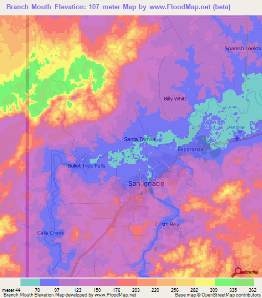Branch Mouth,Belize Elevation Map