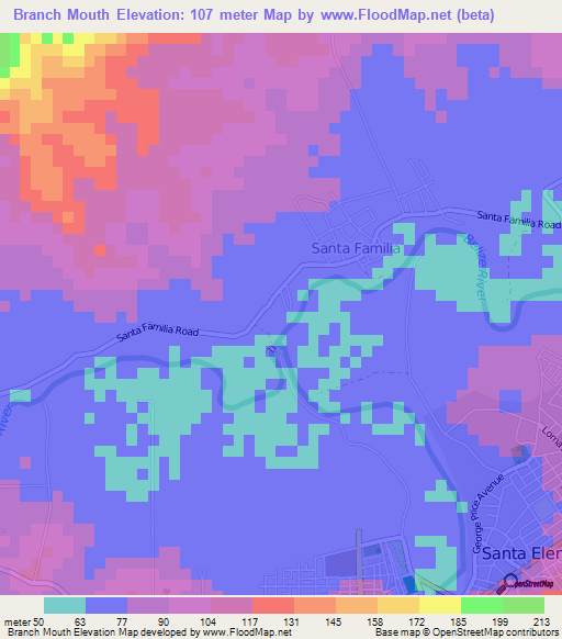 Branch Mouth,Belize Elevation Map
