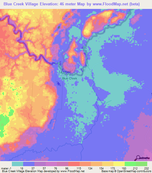 Blue Creek Village,Belize Elevation Map