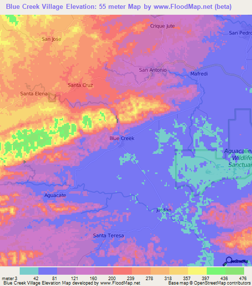 Blue Creek Village,Belize Elevation Map