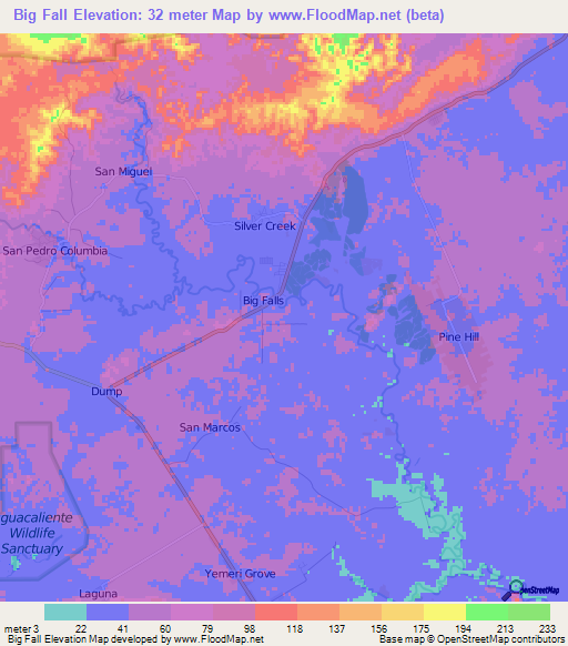 Big Fall,Belize Elevation Map