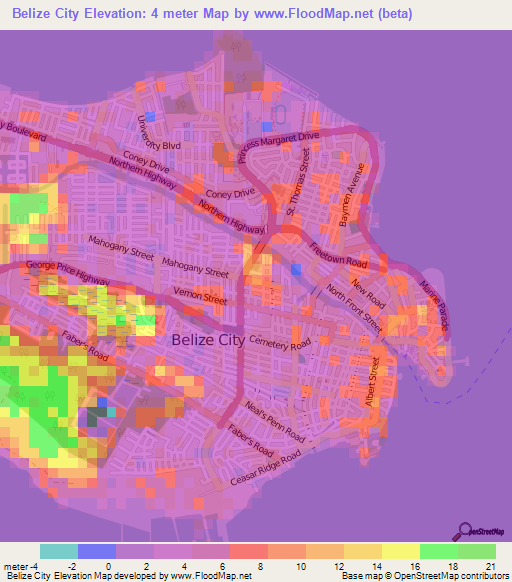 Belize City,Belize Elevation Map