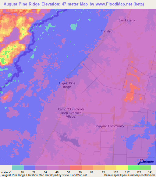 August Pine Ridge,Belize Elevation Map