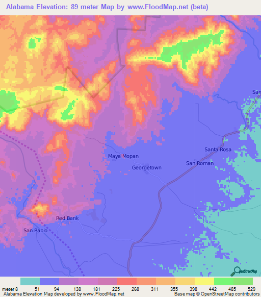 Alabama,Belize Elevation Map