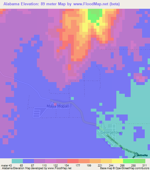 Alabama,Belize Elevation Map