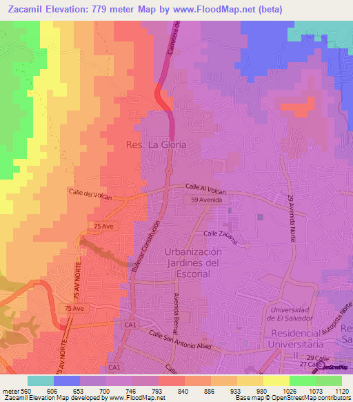 Zacamil,El Salvador Elevation Map