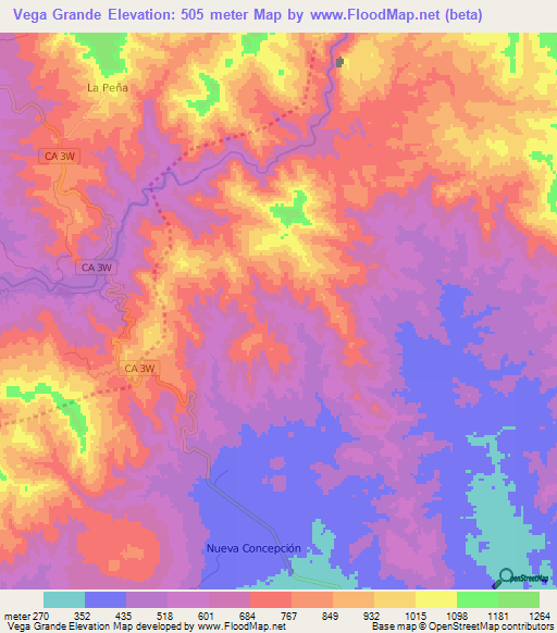 Vega Grande,El Salvador Elevation Map