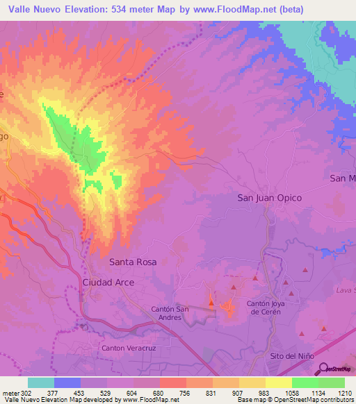 Valle Nuevo,El Salvador Elevation Map