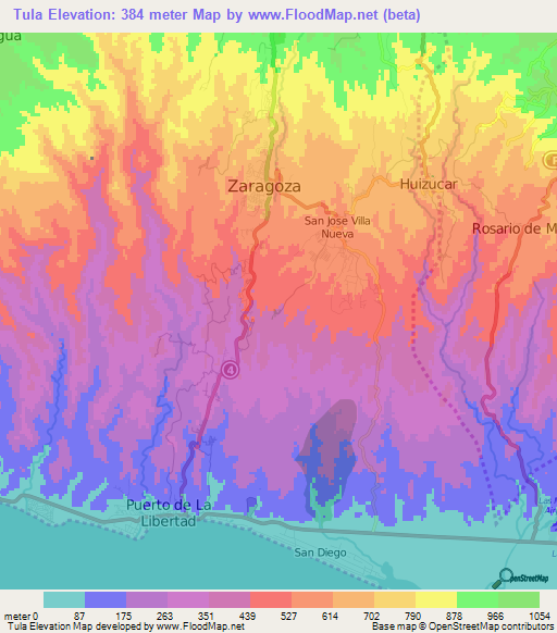 Tula,El Salvador Elevation Map