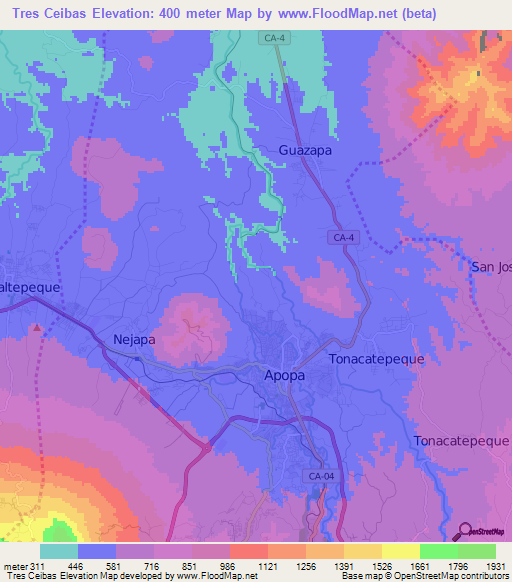 Tres Ceibas,El Salvador Elevation Map