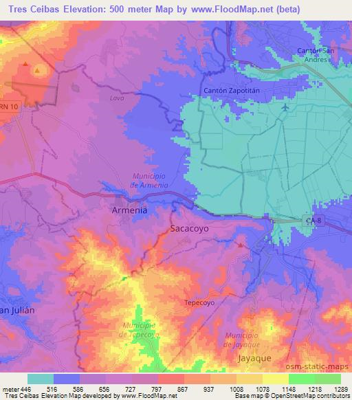 Tres Ceibas,El Salvador Elevation Map