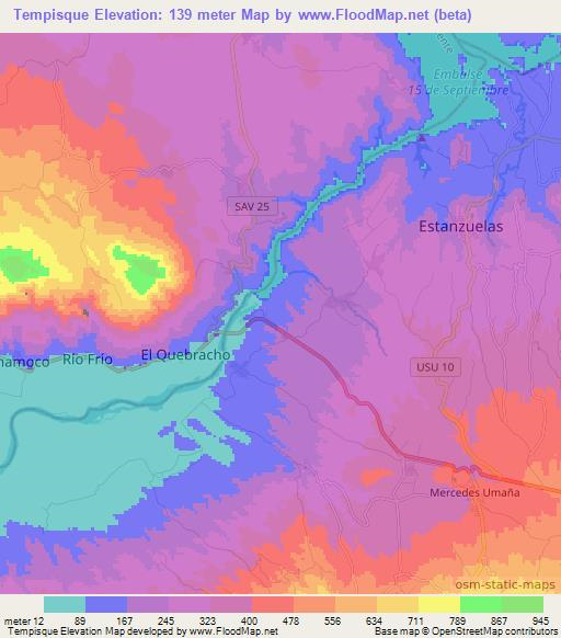 Tempisque,El Salvador Elevation Map