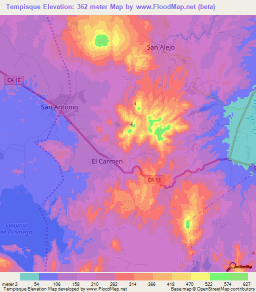 Tempisque,El Salvador Elevation Map