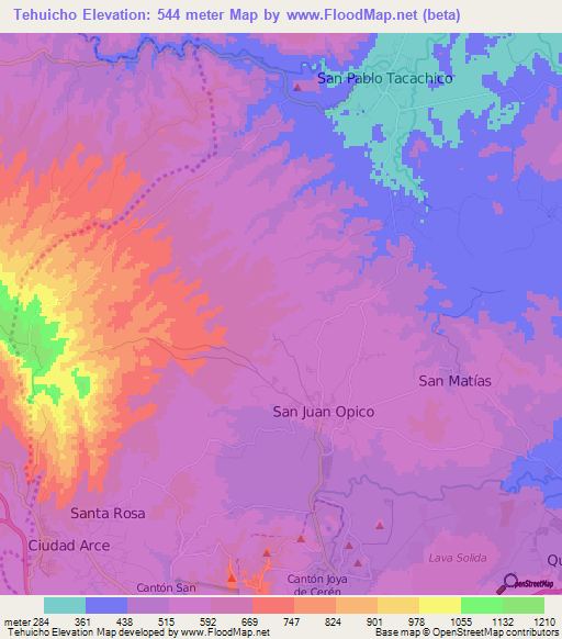 Tehuicho,El Salvador Elevation Map