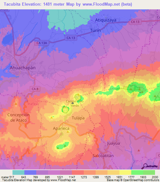 Tacubita,El Salvador Elevation Map