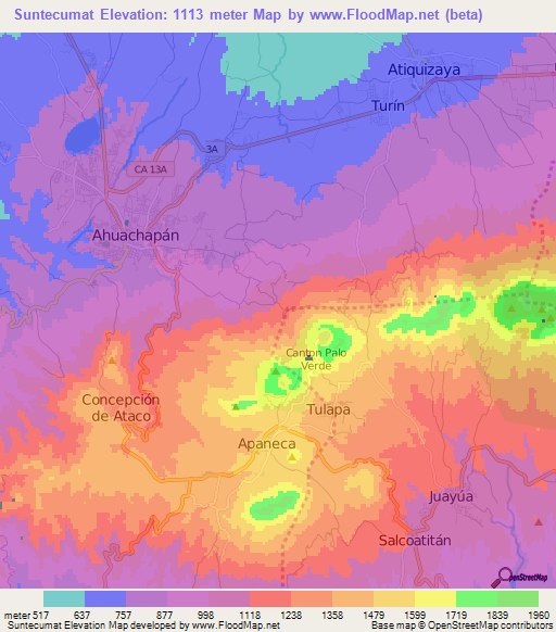 Suntecumat,El Salvador Elevation Map