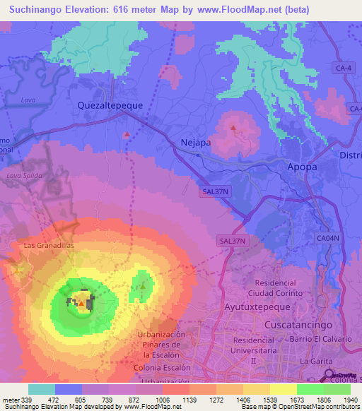 Suchinango,El Salvador Elevation Map