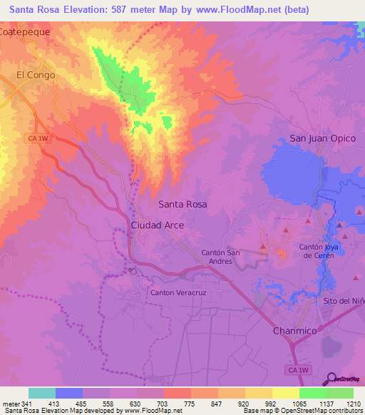 Santa Rosa,El Salvador Elevation Map