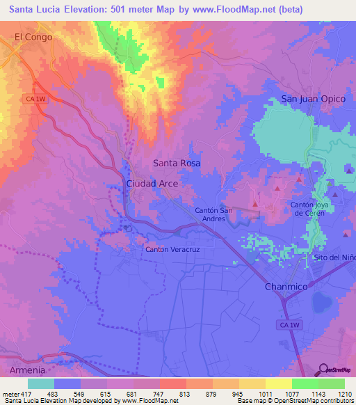 Santa Lucia,El Salvador Elevation Map