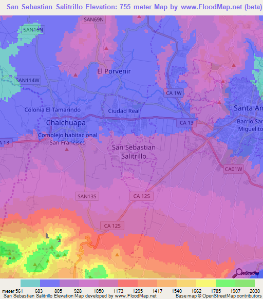 San Sebastian Salitrillo,El Salvador Elevation Map