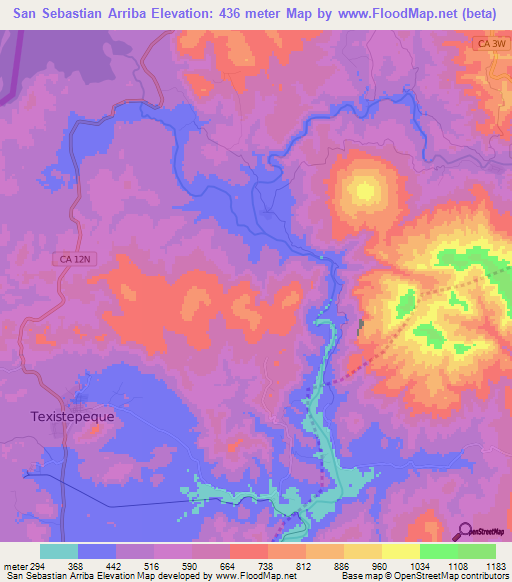 San Sebastian Arriba,El Salvador Elevation Map