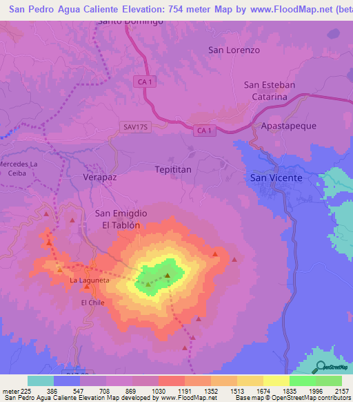San Pedro Agua Caliente,El Salvador Elevation Map
