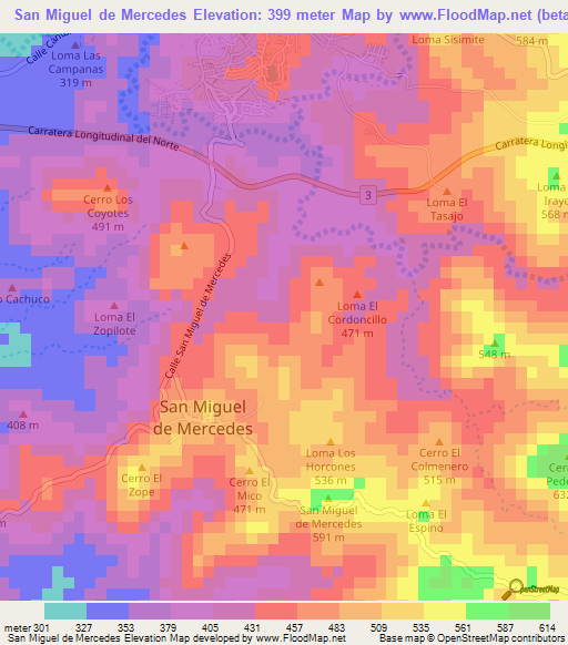 San Miguel de Mercedes,El Salvador Elevation Map