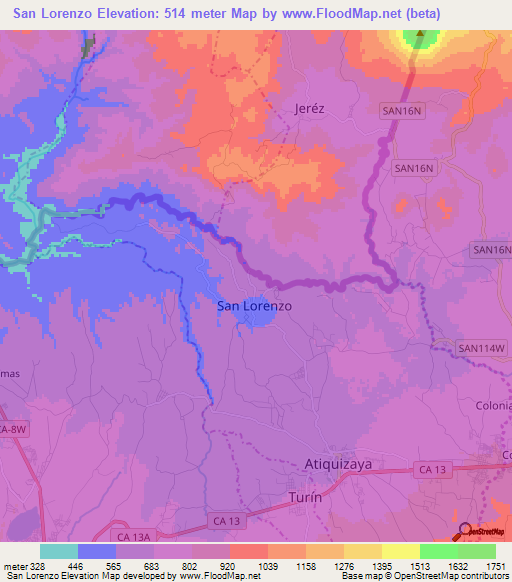 San Lorenzo,El Salvador Elevation Map