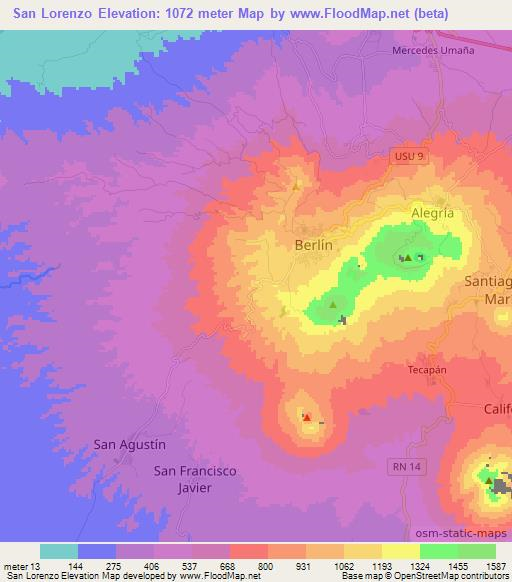 San Lorenzo,El Salvador Elevation Map