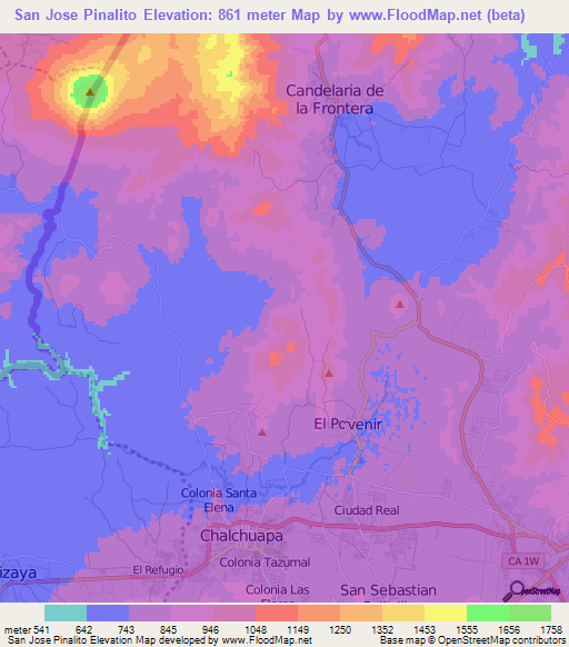 San Jose Pinalito,El Salvador Elevation Map