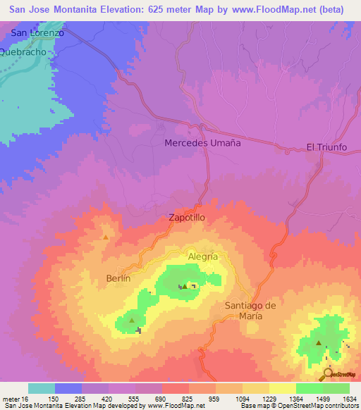 San Jose Montanita,El Salvador Elevation Map