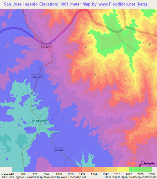 San Jose Ingenio,El Salvador Elevation Map