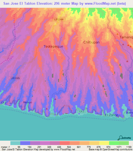 San Jose El Tablon,El Salvador Elevation Map