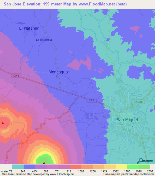 San Jose,El Salvador Elevation Map