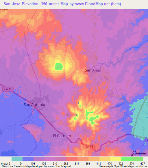 San Jose,El Salvador Elevation Map