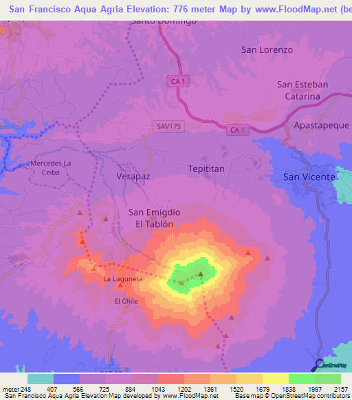 San Francisco Aqua Agria,El Salvador Elevation Map