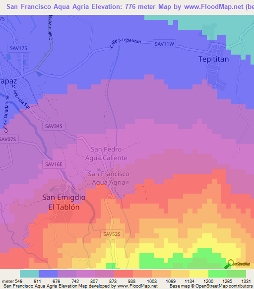 San Francisco Aqua Agria,El Salvador Elevation Map