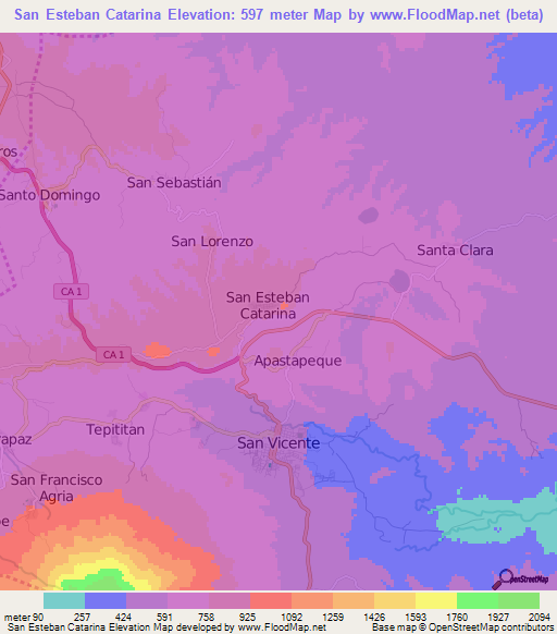 San Esteban Catarina,El Salvador Elevation Map