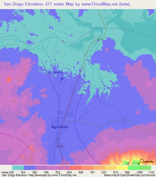 San Diego,El Salvador Elevation Map