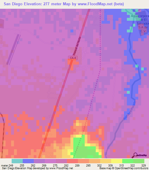 San Diego,El Salvador Elevation Map
