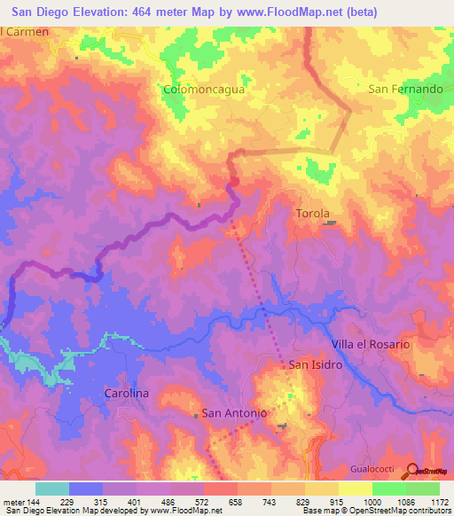 San Diego,El Salvador Elevation Map