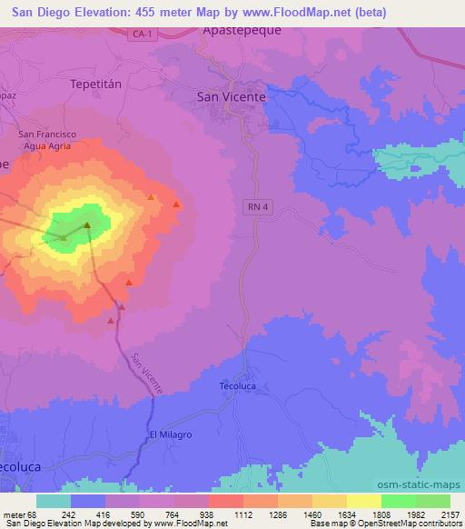 San Diego,El Salvador Elevation Map