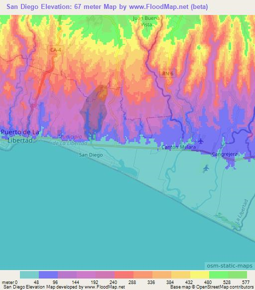 San Diego,El Salvador Elevation Map