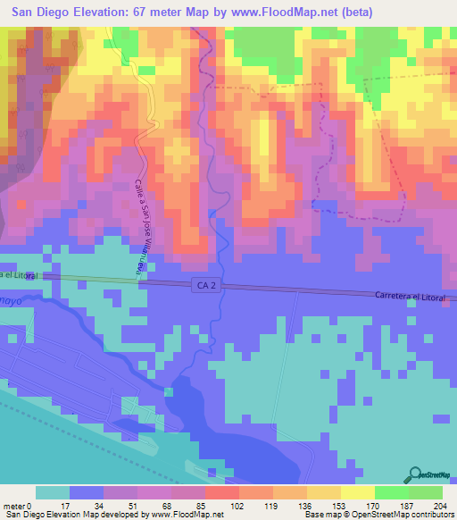 San Diego,El Salvador Elevation Map