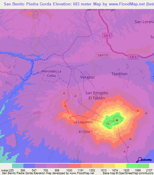 San Benito Piedra Gorda,El Salvador Elevation Map