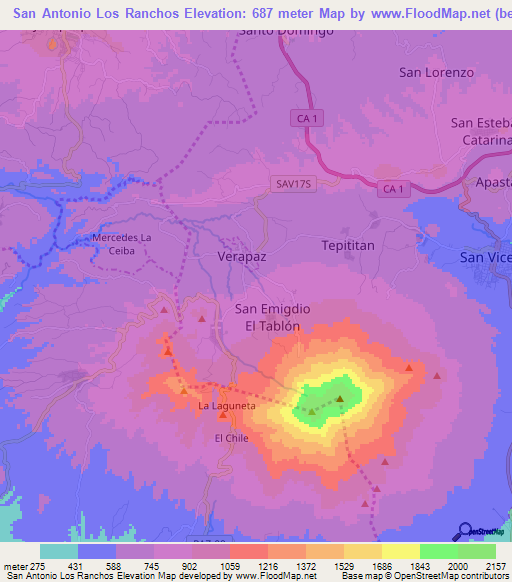 San Antonio Los Ranchos,El Salvador Elevation Map