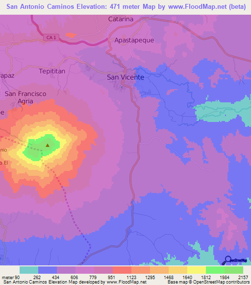 San Antonio Caminos,El Salvador Elevation Map