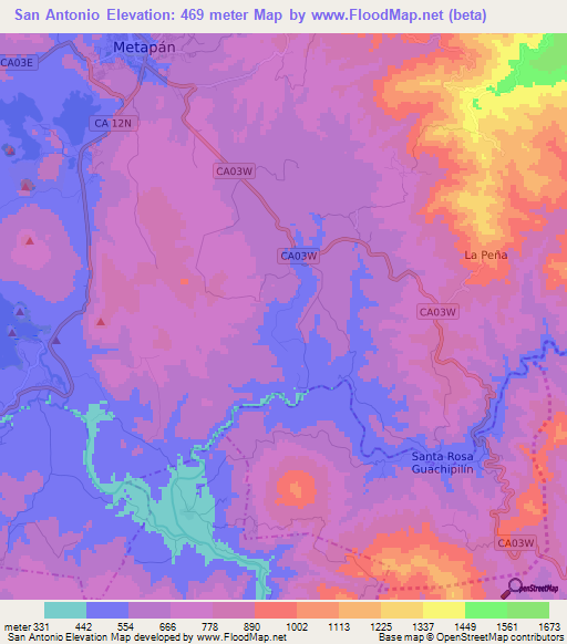 San Antonio,El Salvador Elevation Map