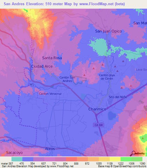 San Andres,El Salvador Elevation Map