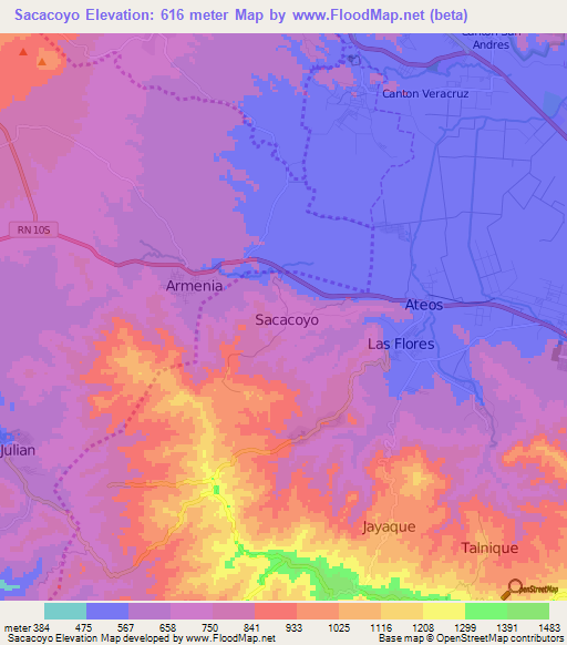 Sacacoyo,El Salvador Elevation Map